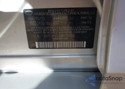 2011 Hyundai Sonata Gls from USA, damaged, VIN 5NPEB4AC6BH204856